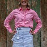 Woman's Ruffle Shirt - Pink Polka Dot
