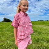 Children's Tussock Short Sleeve Shirt - Peachy Red Check